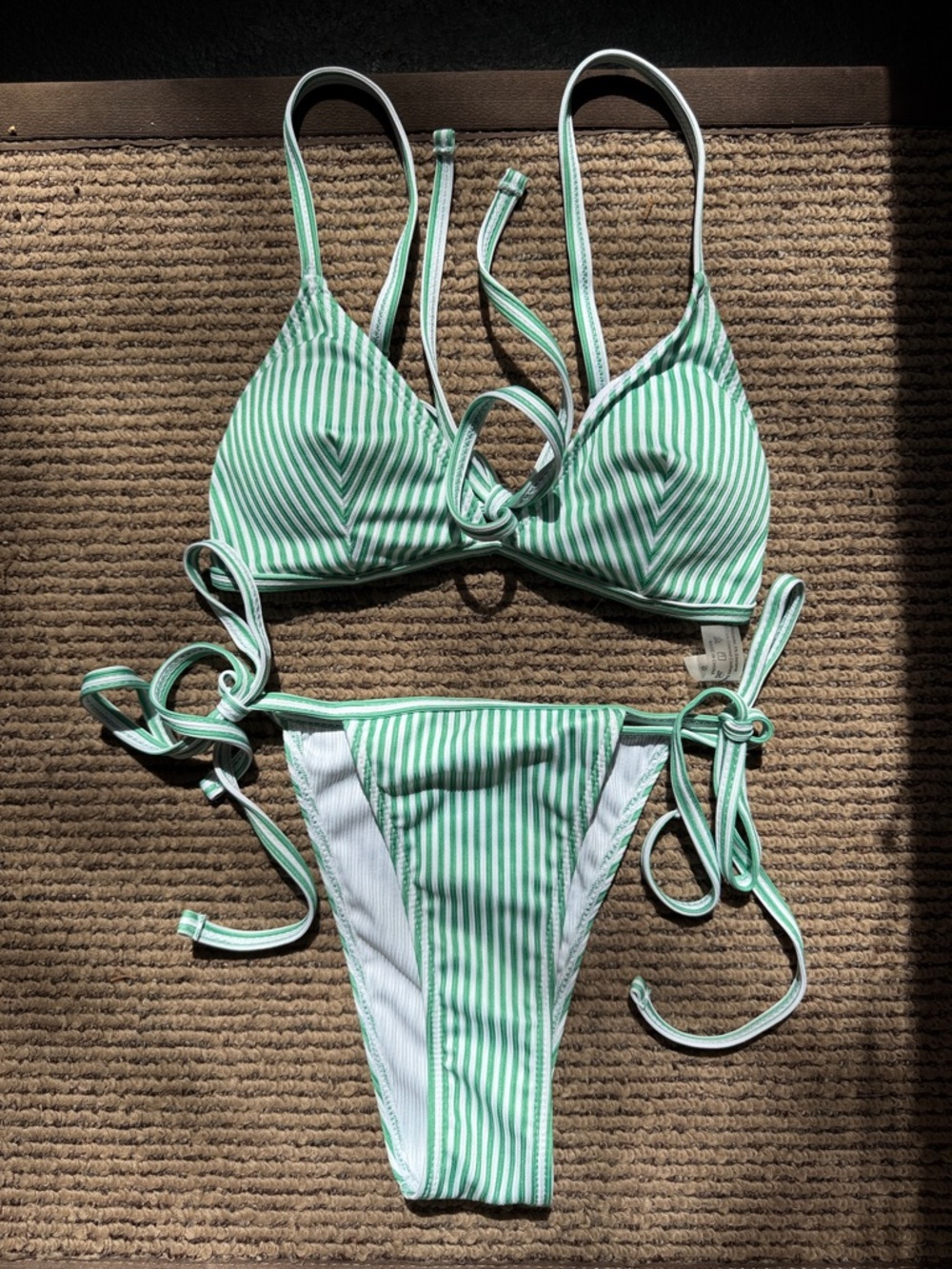 Green and White Striped Tie-Side Bikini